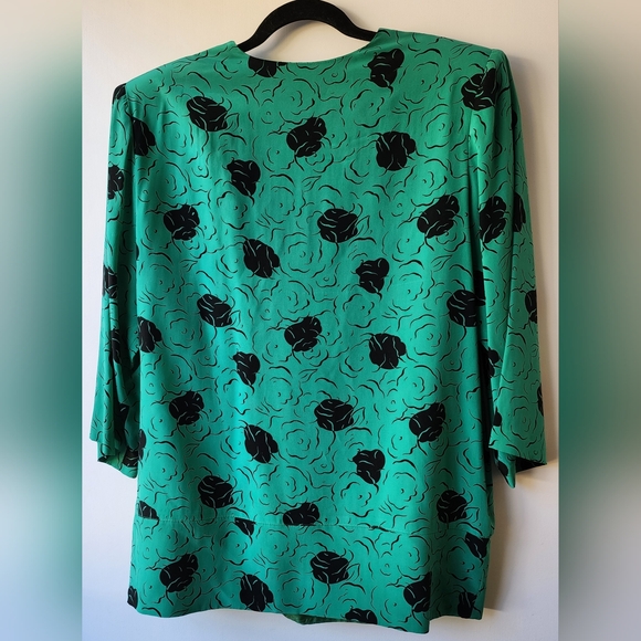 Silk Studio 100% Silk Floral Faux Wrap Blouse Green & Black Shoulderpads Vintage - Picture 2 of 7